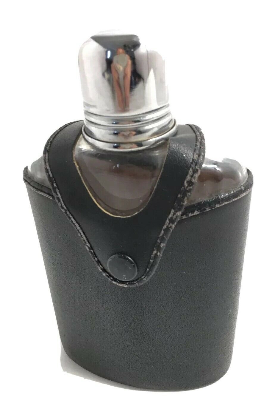 Vintage RUMPP Silver Top Cup Cowhide Leather Covered Clear Glass Whiskey Flask