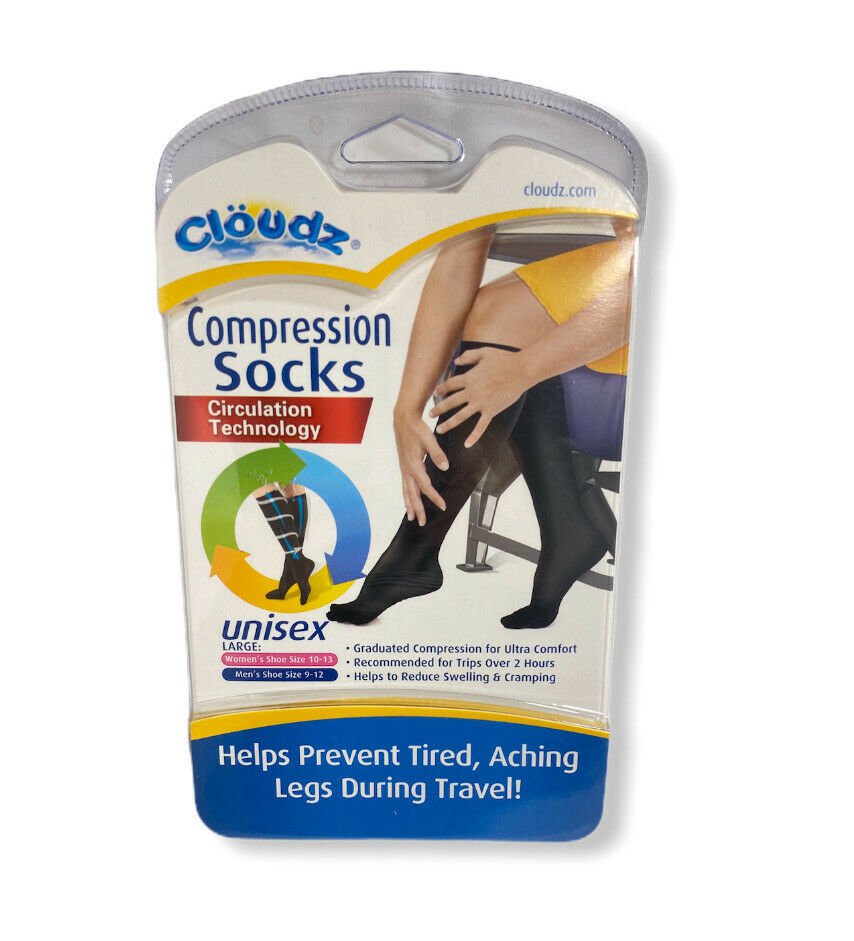 Cloudz Travel Compression Circulation Socks Unisex  Black Large Travel Size L