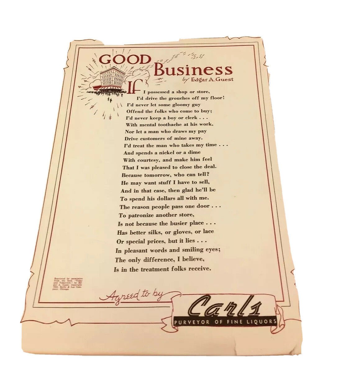1942s Good Business Agreement Post Purveyor Of Fine Liquors Ephemera Vintage