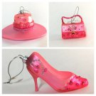 3 SET Glass Pink Christmas Tree Ornaments Purse Hat Pump (Flaw)
