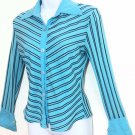 Yesbon Women Stripe Aqua Blouse Work Office Casual Size S- M Some Flaws