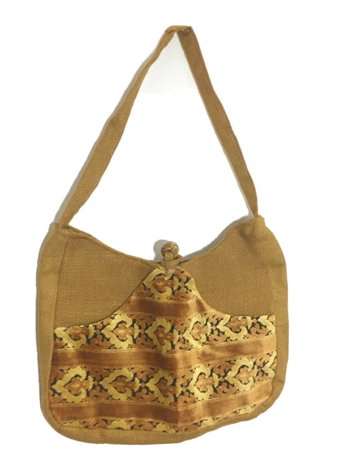Vintage Handbag Shoulder Bag Woven Jute with Fabric 70&acirc;��s Hippie&acirc;��s Look Mustard