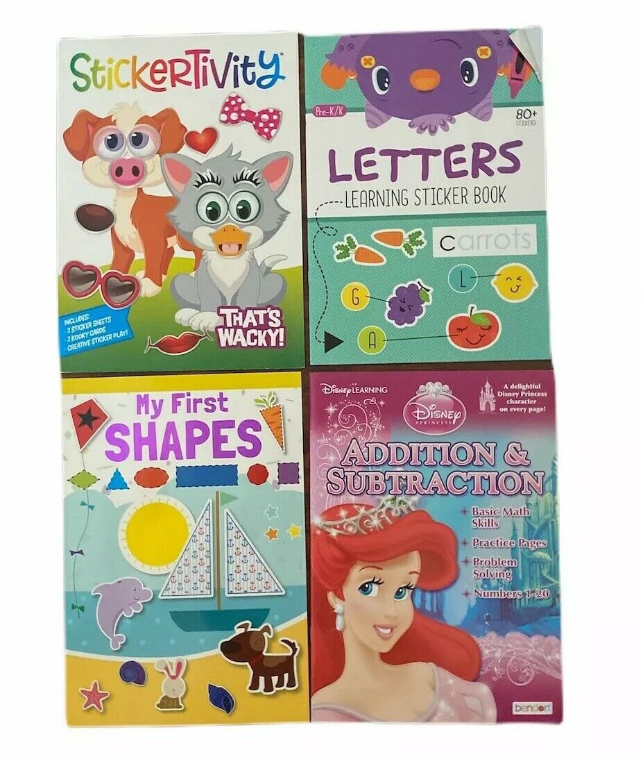 Pre-School Activities Sticker CoLoring Books Numbers, Words, Letters, All 4pcs