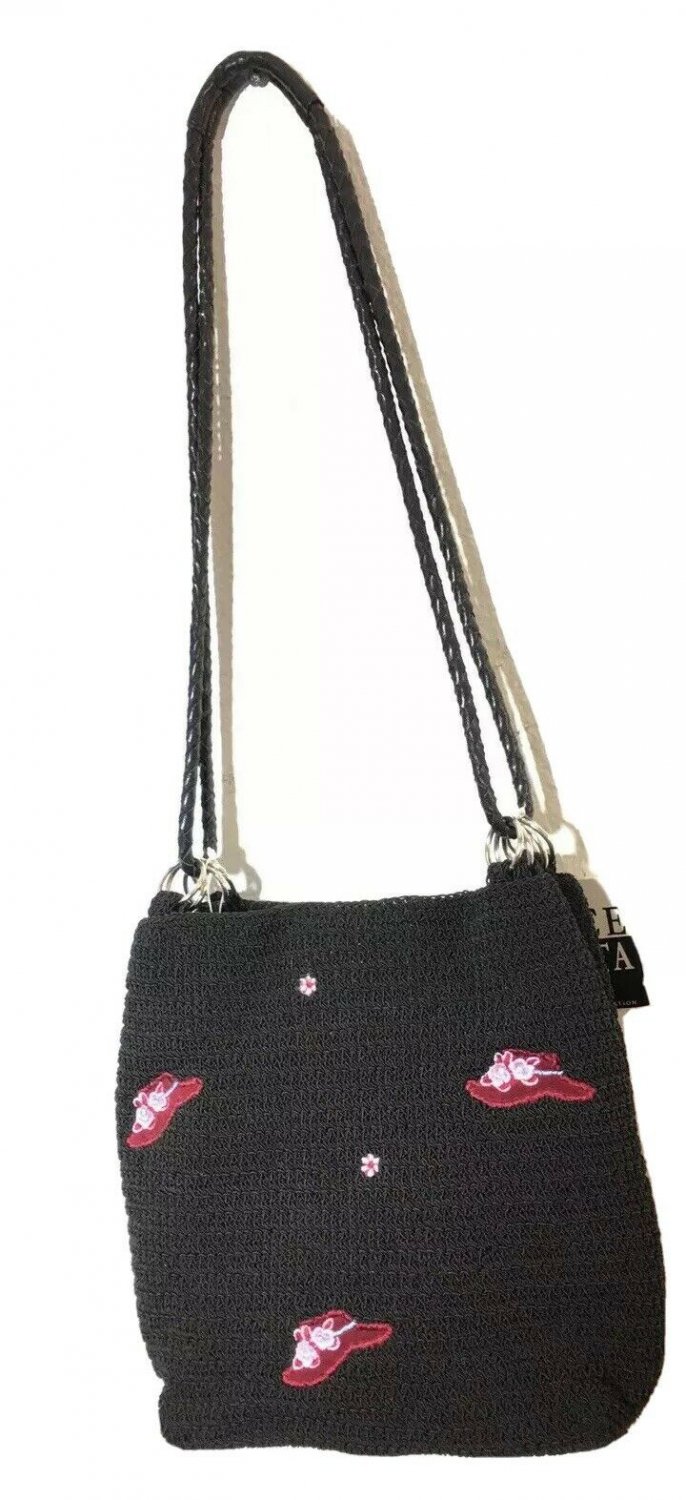 Dolce Vita Black Genuine Crochet Crossbody Bag Snap Closure Hats Deco Vintage