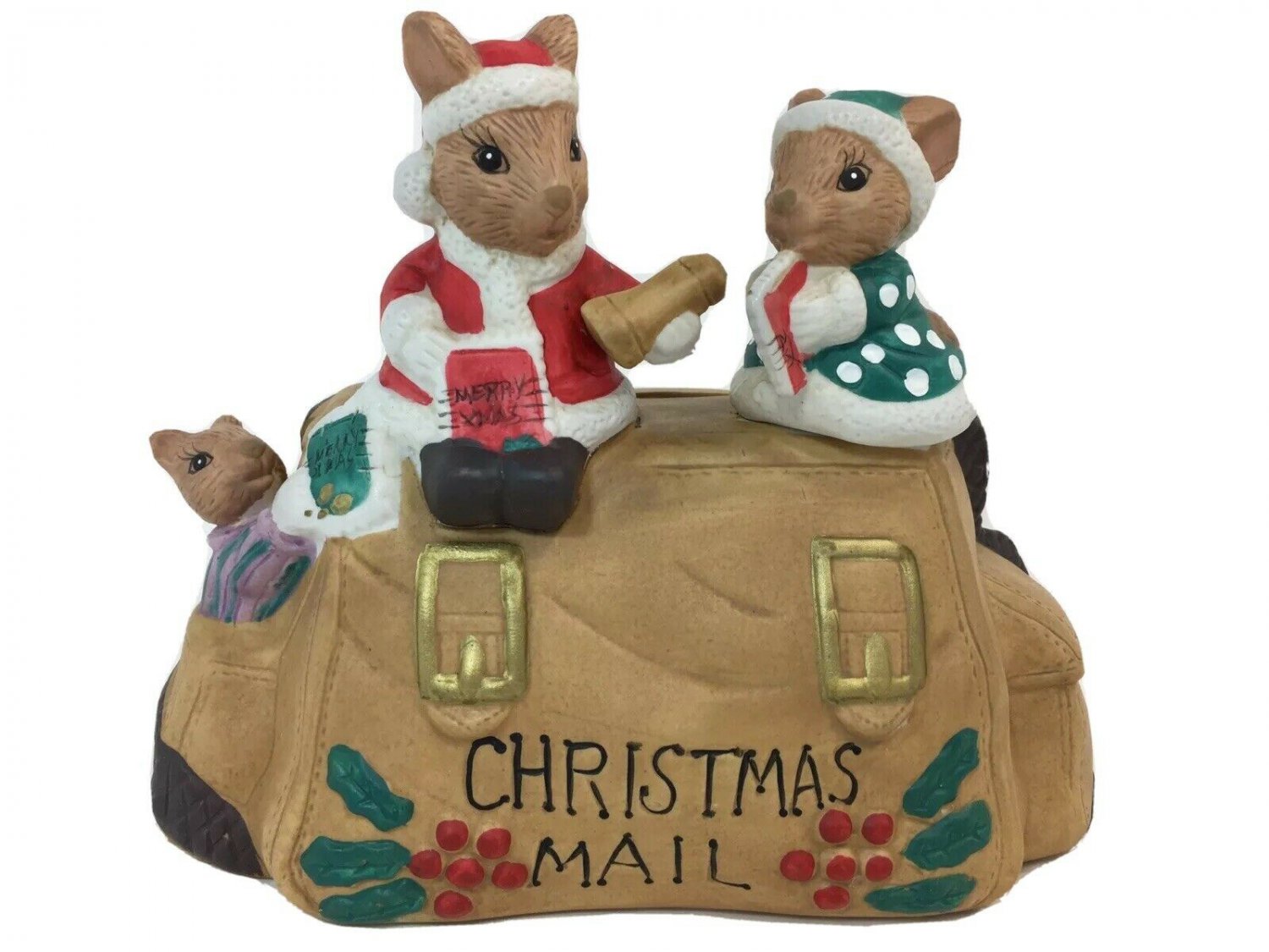 Porcelain Christmas Card Holder Mail Bag with Mice Figurine # 19661