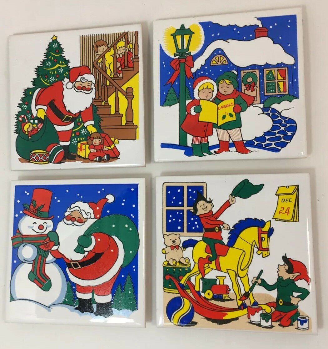 Vtg CHRISTMAS Kitchen Deco Ceramic Tile Coasters TRIVETS TREE Santa NEW 4 pcs