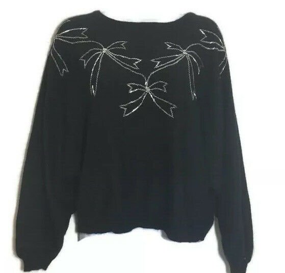 Women&acirc;��s Shenanigans Christmas Black Vintage Ribbon Sequin Rabbit Hair Sweater L