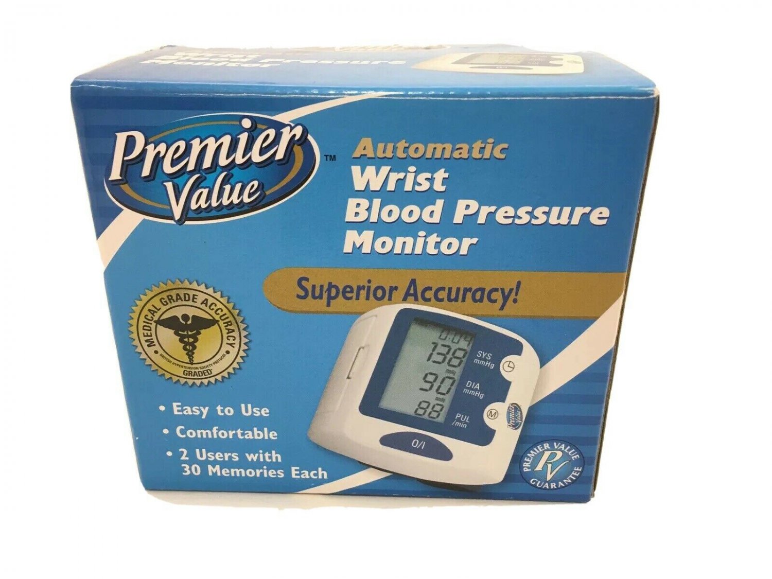 Premier Value Deluxe Wrist Blood Pressure Monitor Stores 30 Memories W/Batteries