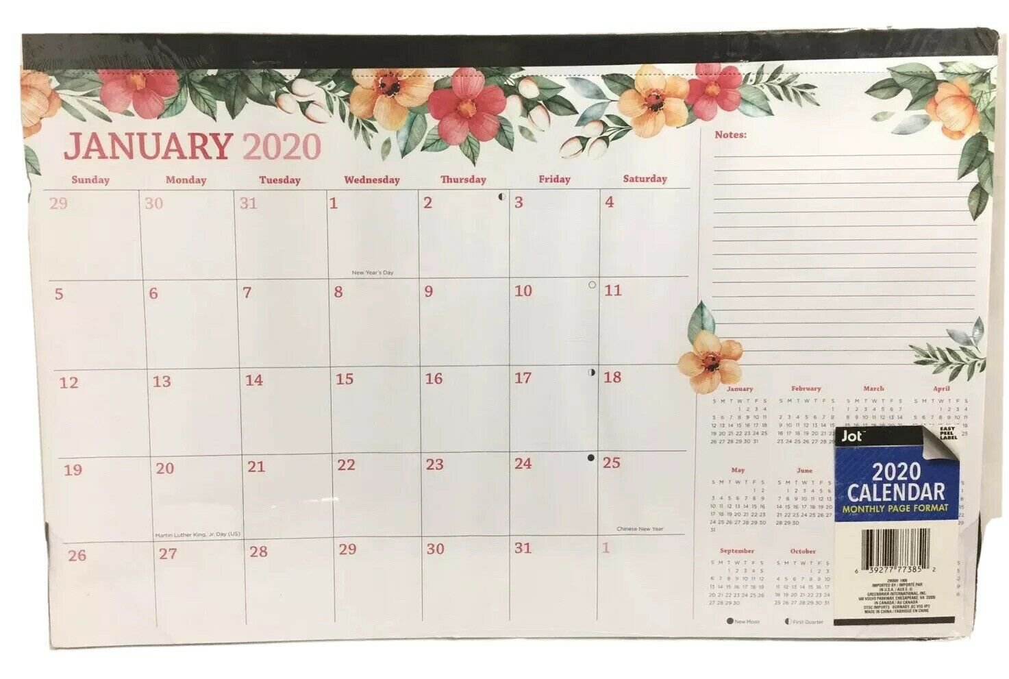 Jot 2020 Monthly Wall Desk Pad Flower Calendar Agenda 11" x 17"