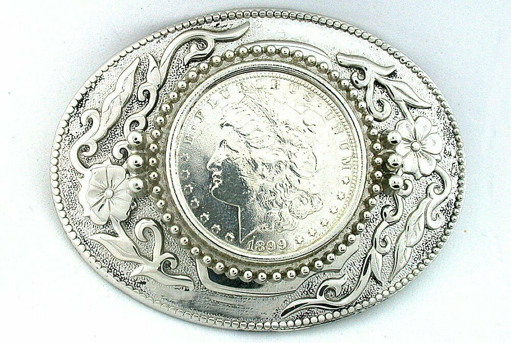 Silver Color Oval Western REAL 1899 Morgan Silver Dollar Belt Buckle PBB44