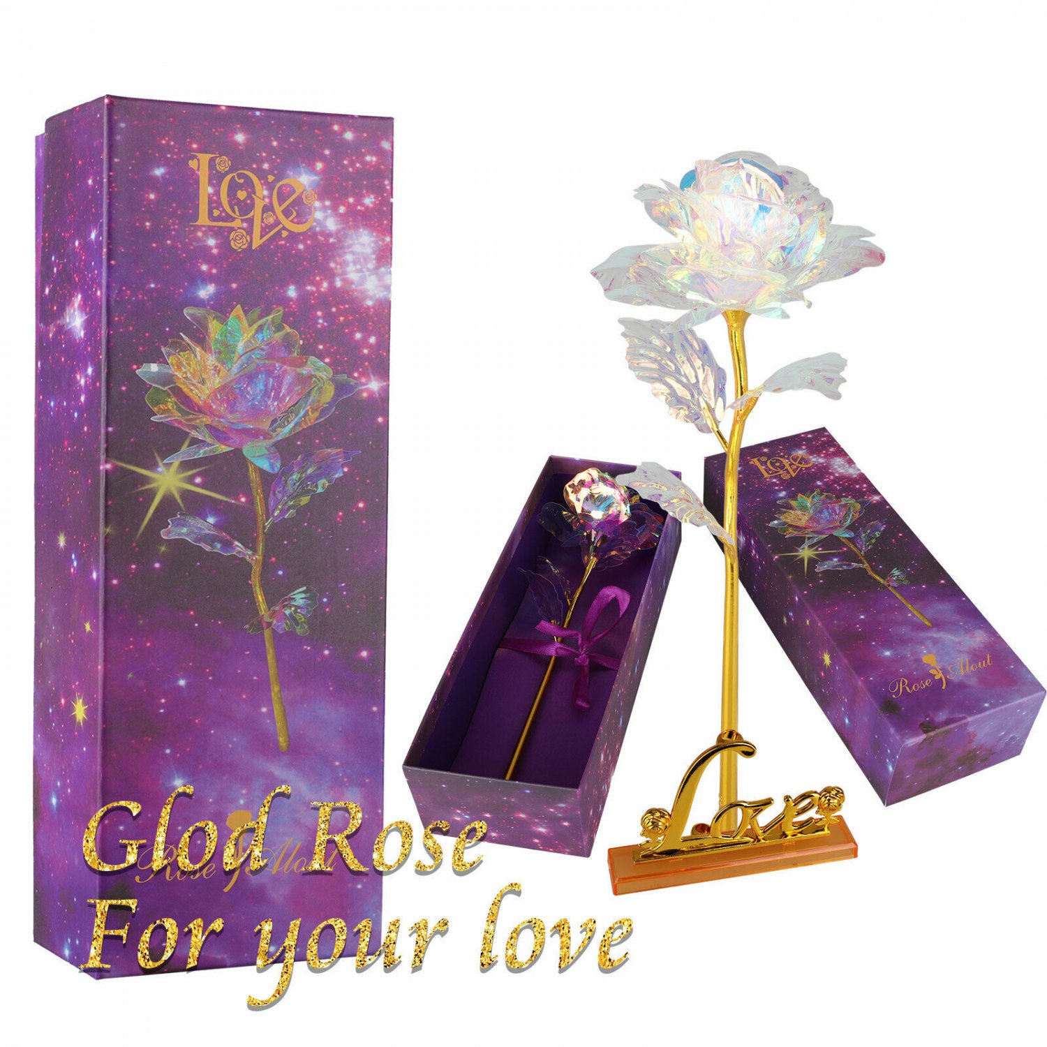 Romantic Galaxy Rose Luminous Flower Valentine's Day Lovers' Gift With Love Base