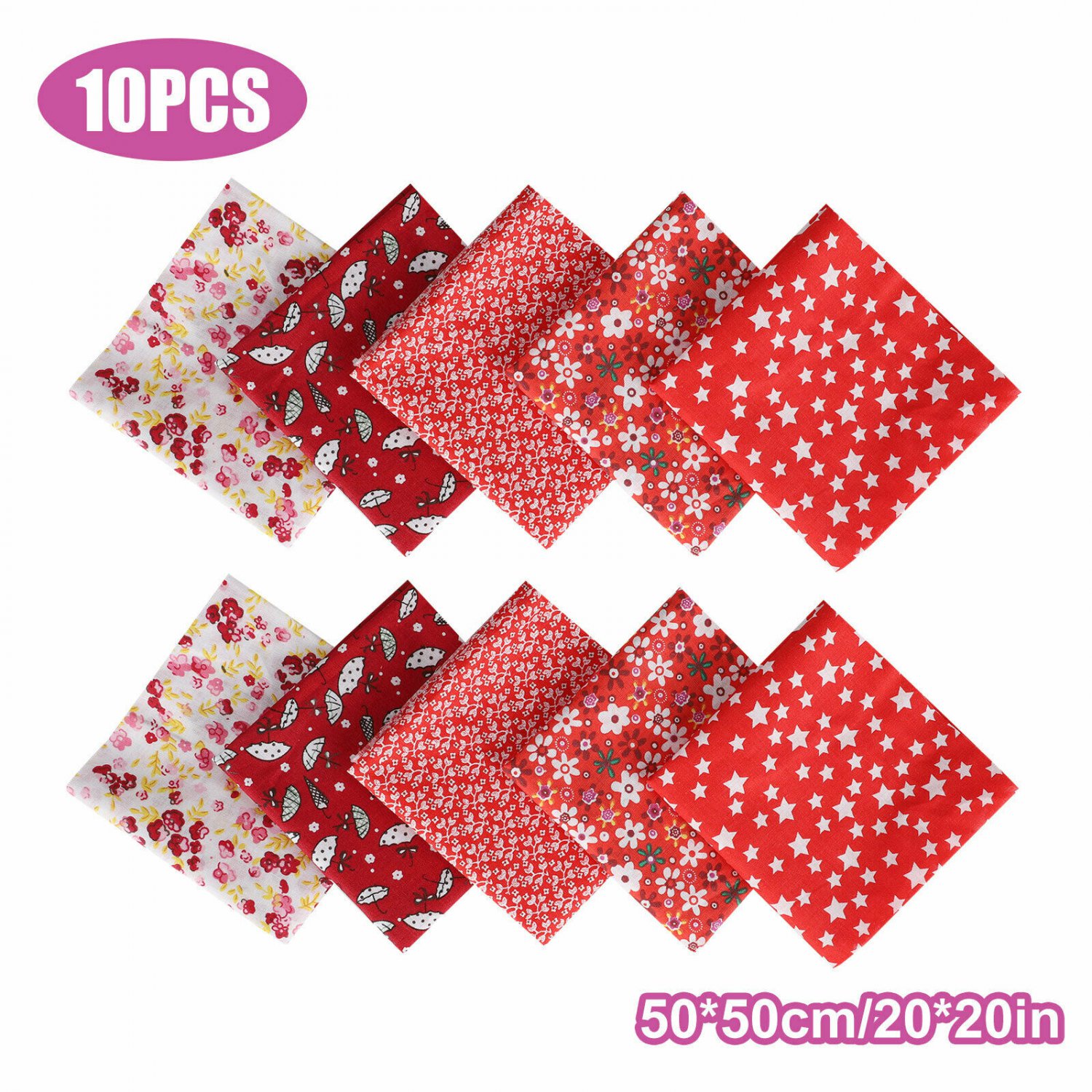 10 pcs DIY Assorted Pre Cut Charm 50X50cm Cotton Squares Quilt Fabric Quarter color RED