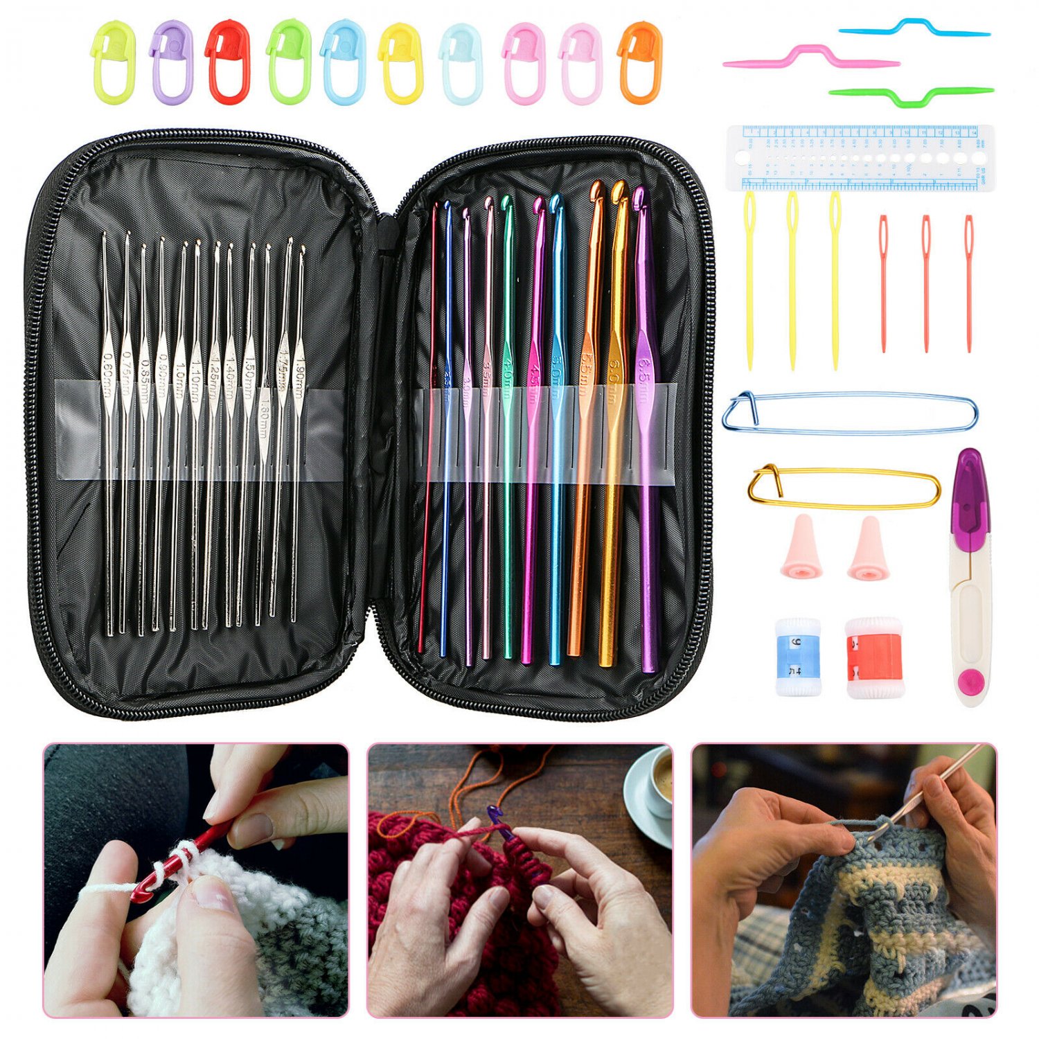 49 Pcs Crochet Hook Knit Yarn Weave Knitting Needle Clip Marker Tool Set with Case