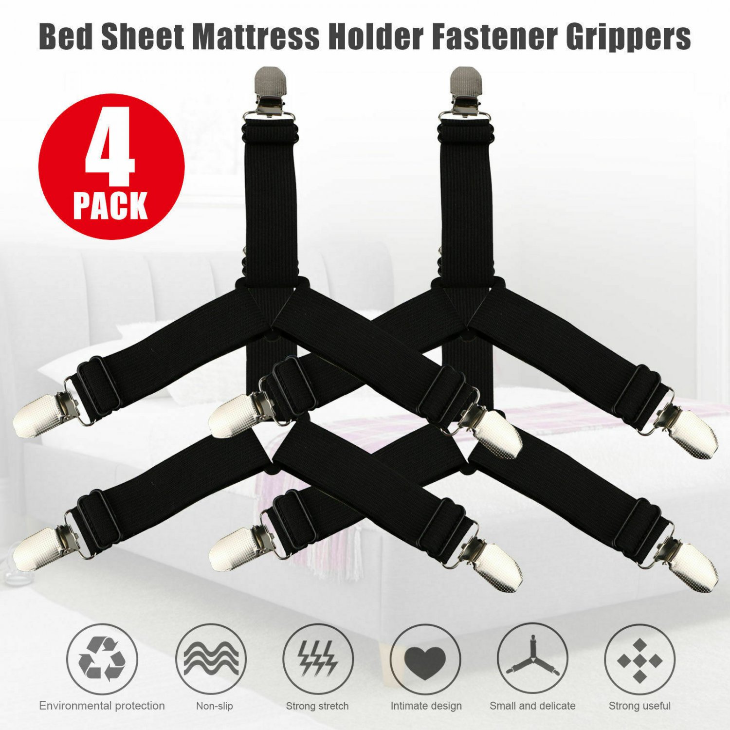 4 Fitted Bed Mattress Sheet Clips Grippers Strap Suspender Fastener Holder Clamp