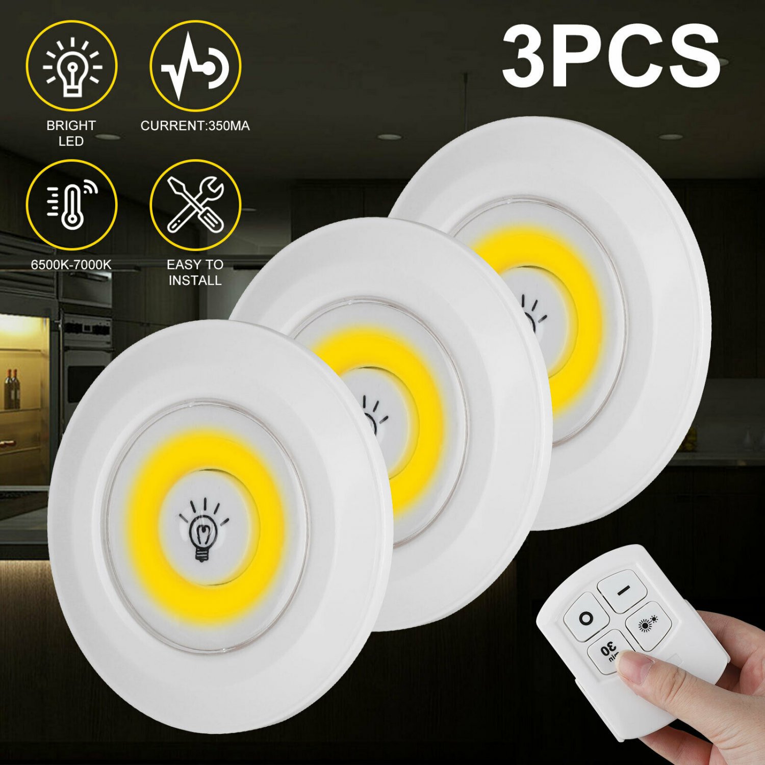 3pcs Wireless LED Puck Lights Closet Under Cabinet Lighting With Remote Control Warm White