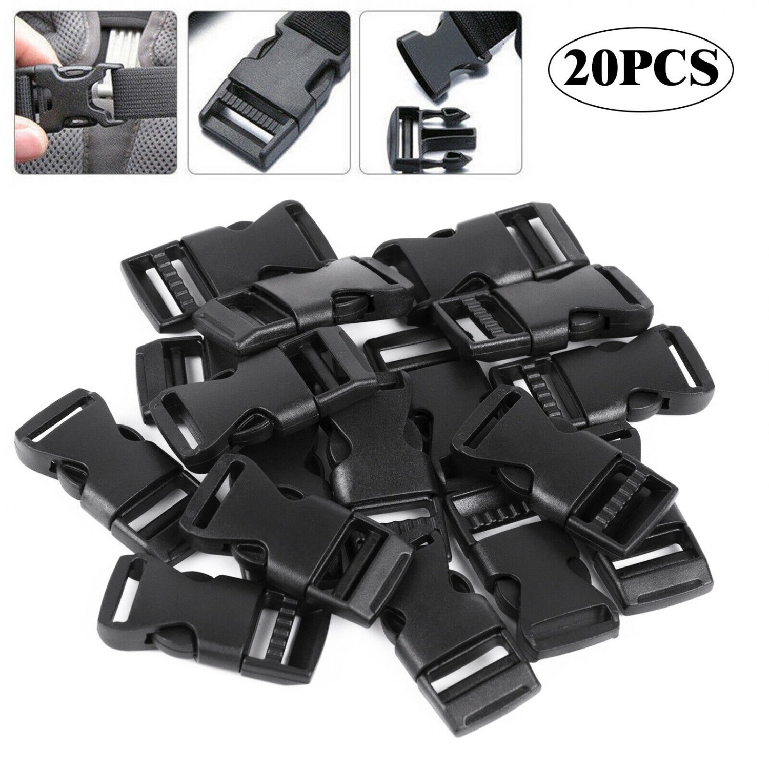 20 Pieces 1 inch Plastic Black Strap Webbing Side Release Buckle Backpack