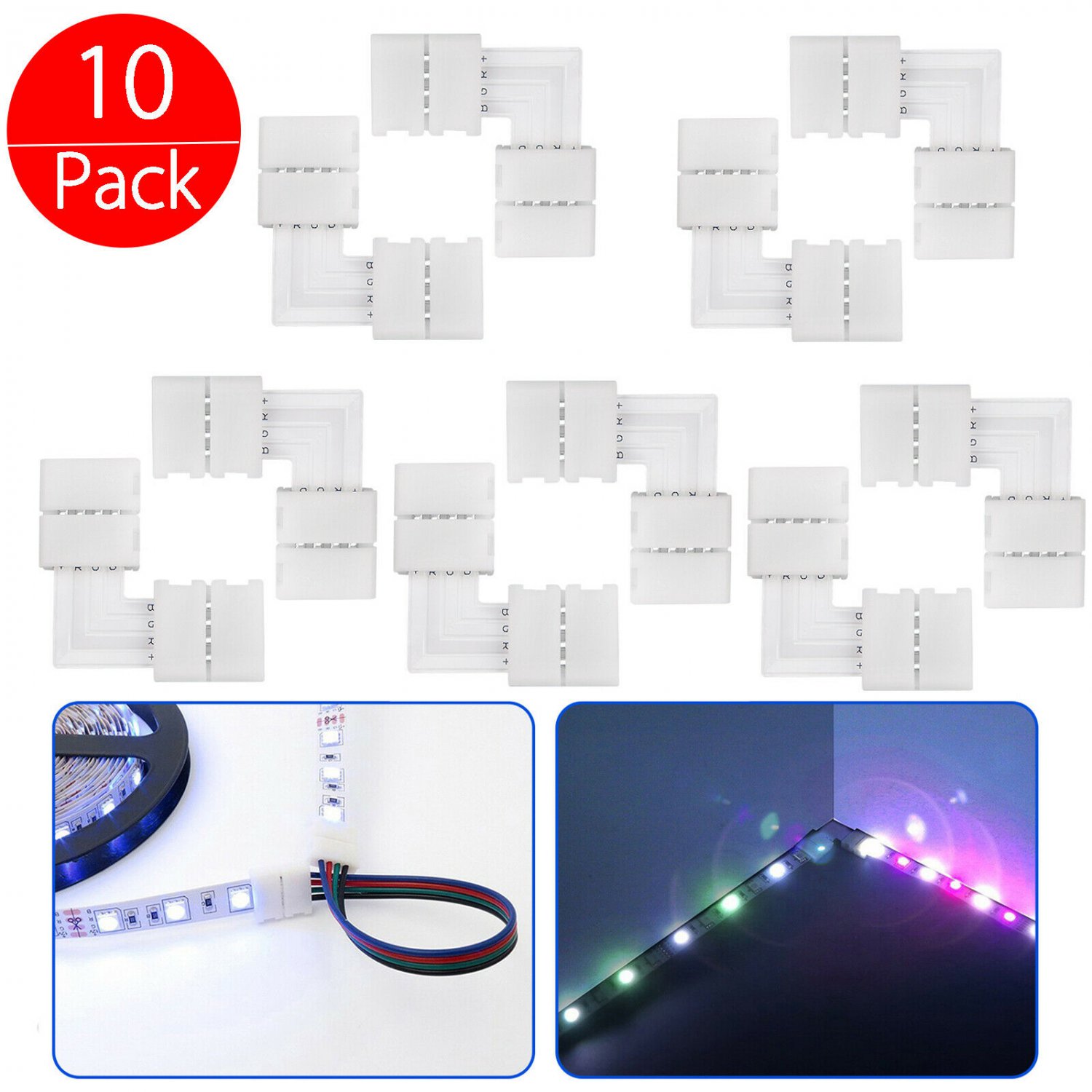 10X 10mm L-Shape 4pin Strip-Strip Corner Connector for 5050 RGB LED Strip Lights