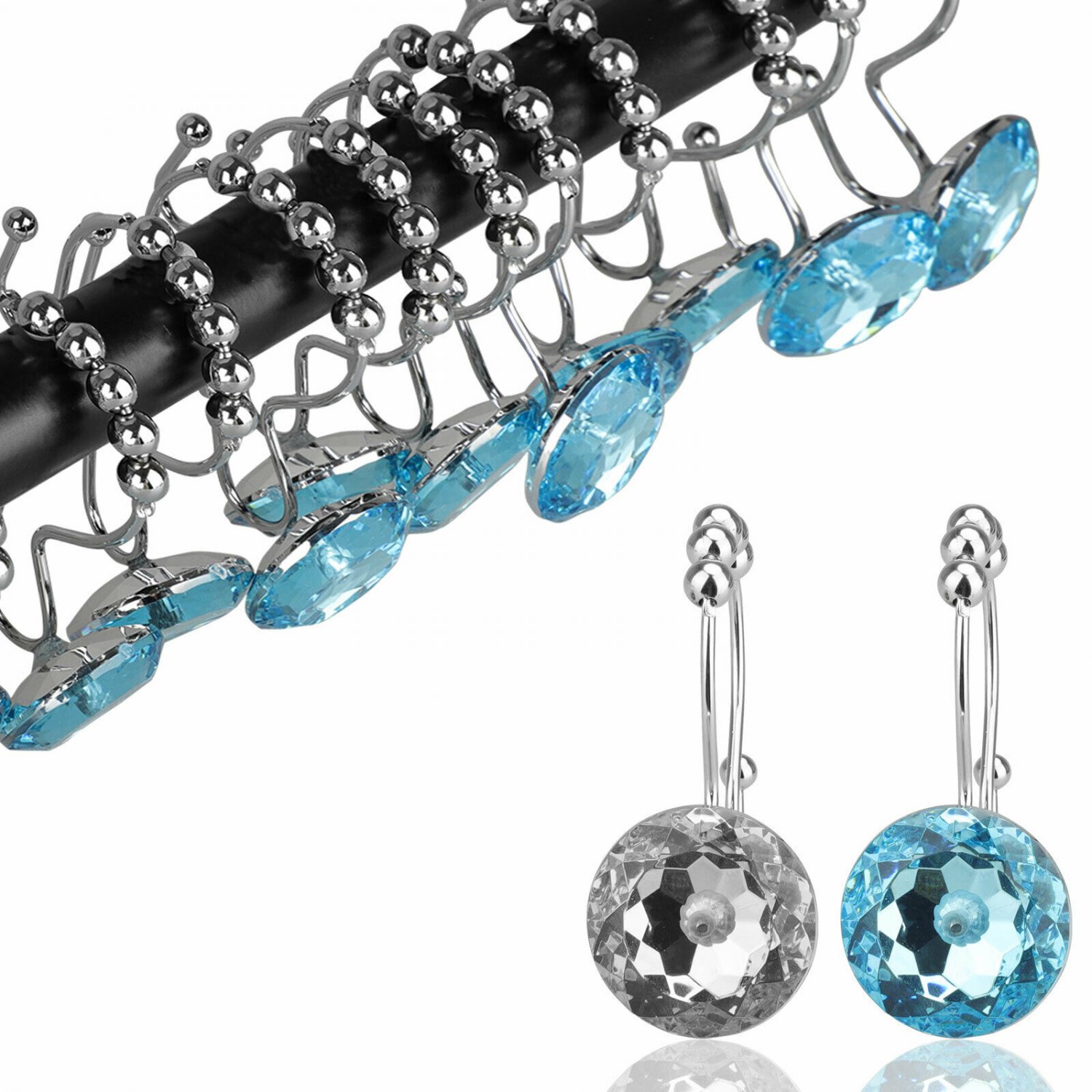 White  Double Hooks Rhinestone Crystal Shower Curtain Rings Stainless Steel 12PCS Decor