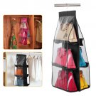 6-Pockets Handbag Storage Organizer Anti-dust Cover Large Clear Bag Rack Hangers Black 1pcs
