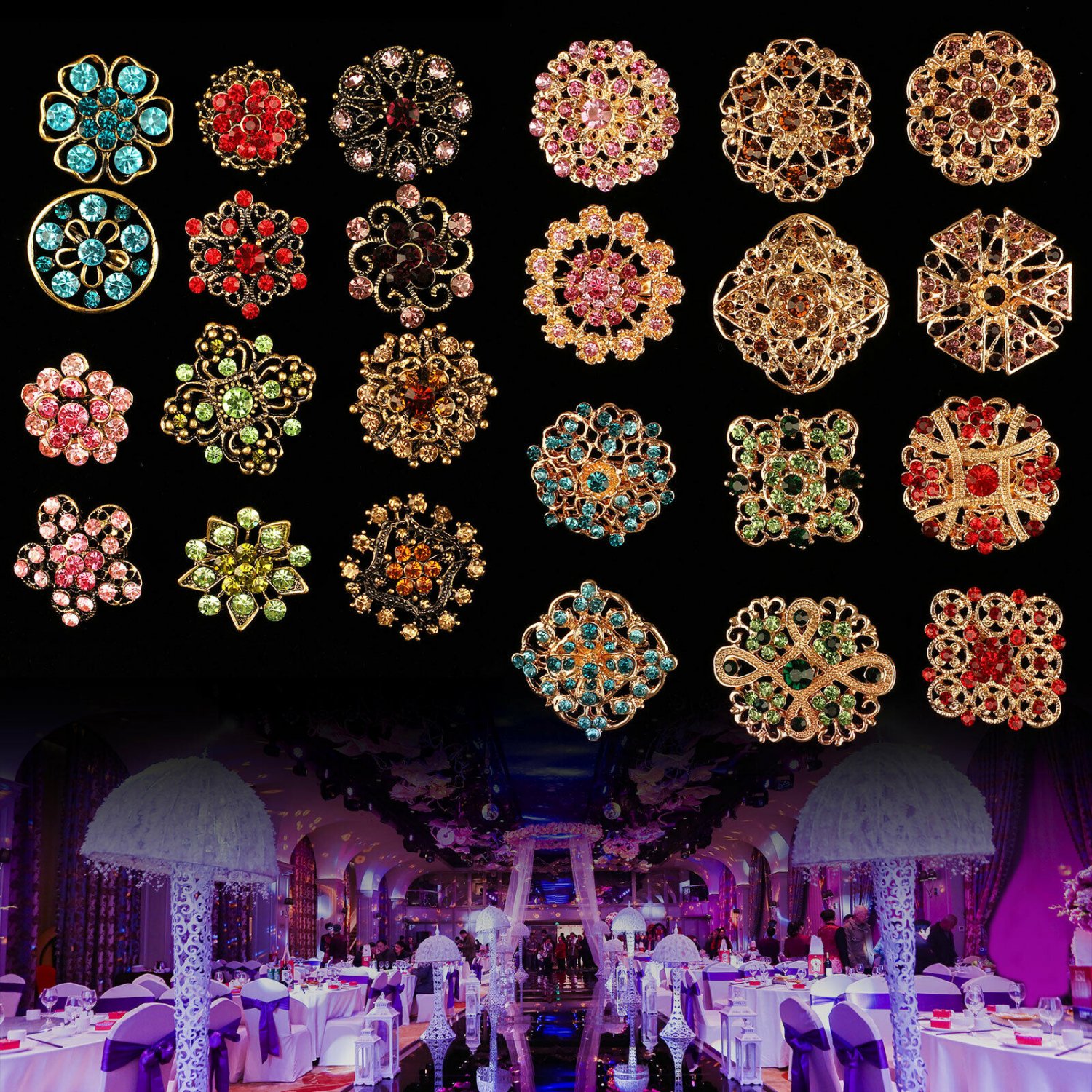 Lot 24 pc Mixed Multi-Color Rhinestone Crystal Brooch Pins DIY Wedding Bouquet