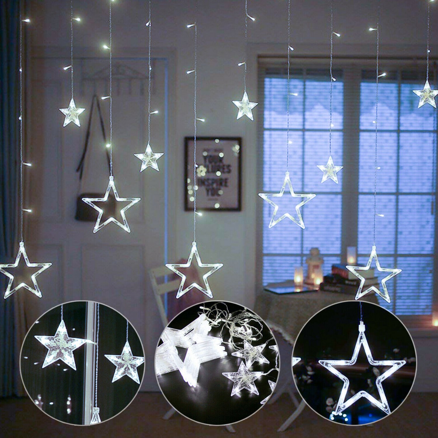 Star Curtain String Lights 12 Star 138LED Window Icicle Lights Christmas Wedding White