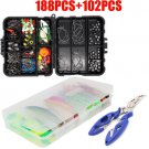188 + 102 pcs Fishing Accessories Kit set with Tackle Box Pliers Jig Hooks Swivels