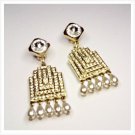 Golden Chandelier Clip Earrings With Rhinestones Pavè And Pearled Drops