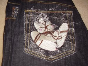 Red Monkey wave jeans w/ posing woman 42x34