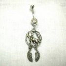 SPIRIT WOLF w MOON & FEATHER ROUND & 2 FEATHERS DANGLING 14g CLEAR CZ BELLY RING