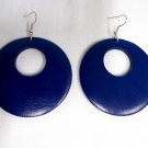 XL NAVY BLUE COLOR HAND PAINTED REAL WOOD DANGLING ROUND FLAT 3" HOOP EARRINGS