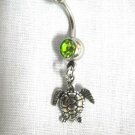 ENDANGERED SEA TURTLE USA PEWTER CHARM ON 14g LIME GREEN CZ BELLY BAR NAVEL RING