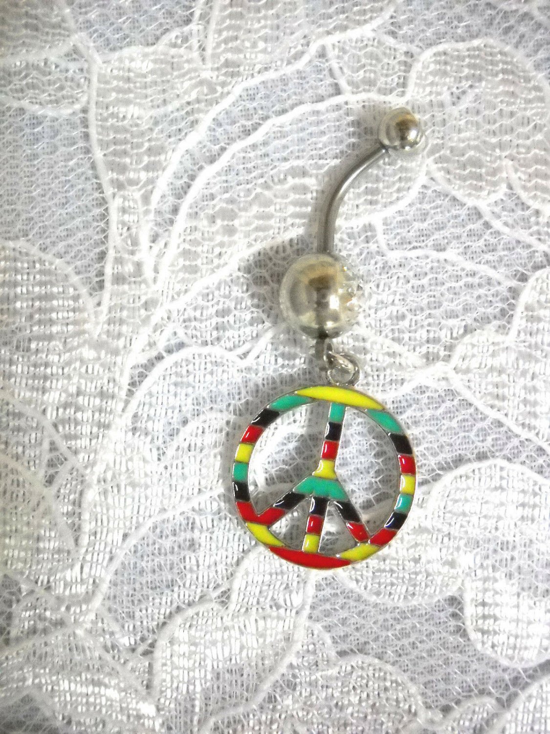 RASTA GREEN YELLOW RED BLACK STRIPE PEACE SIGN ON CLEAR CZ BELLY BUTTON RING