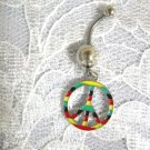 RASTA GREEN YELLOW RED BLACK STRIPE PEACE SIGN ON CLEAR CZ BELLY BUTTON RING