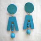 DEEP TEAL BLUE COLOR WOOD 3 PART GEOMETRICAL DESIGN FASHION WOODEN EARRINGS