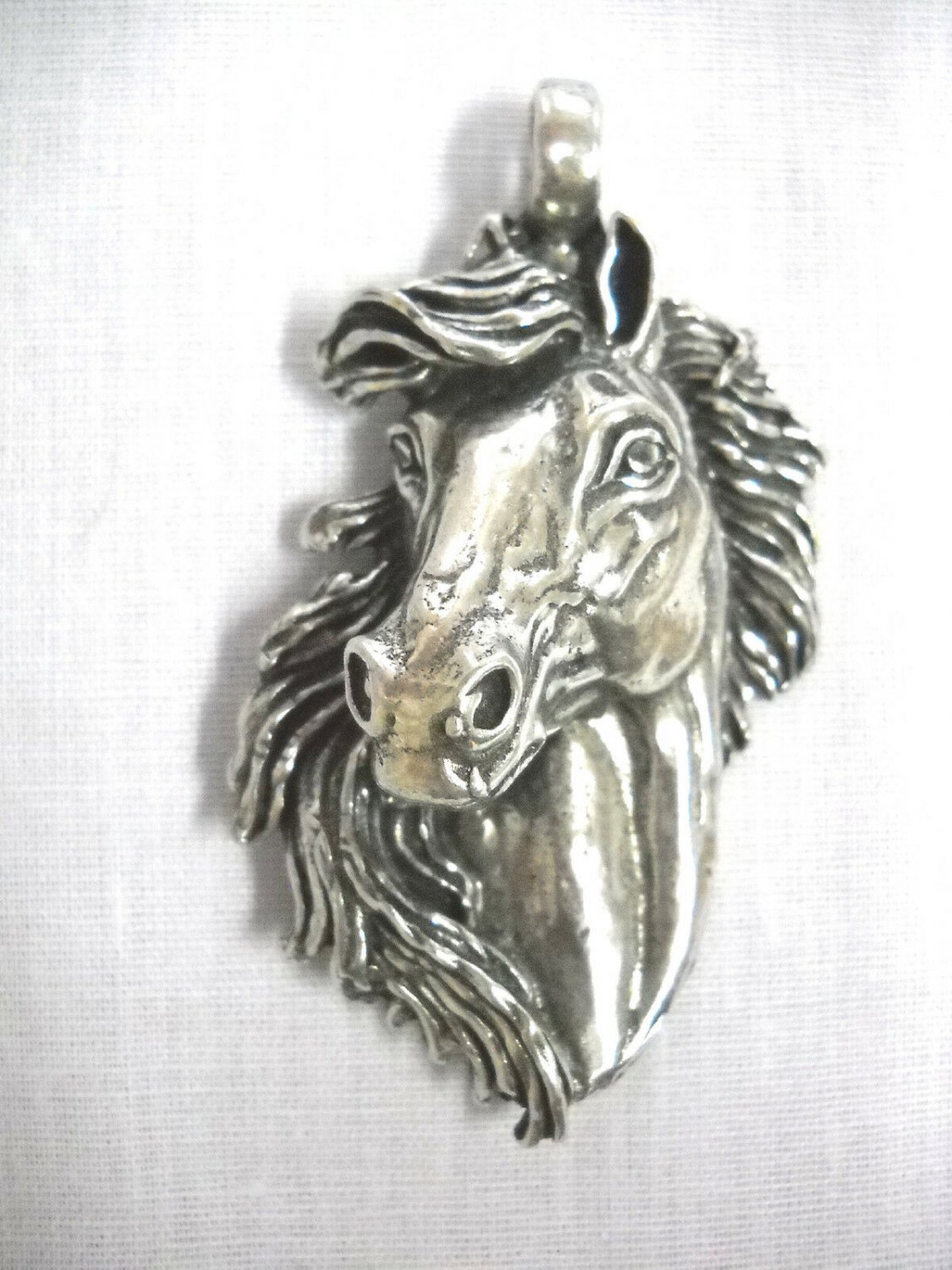 Huge Horse Head Equestrian Semi Bust Flowing Mane Cast Pewter Pendant