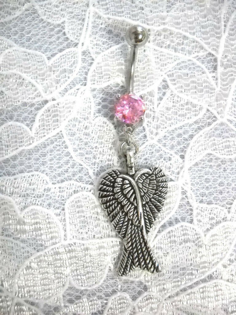 CRISS CROSS SET OF ANGEL WINGS / WING CHARM ON 14g PINK CZ NAVEL BELLY RING BAR