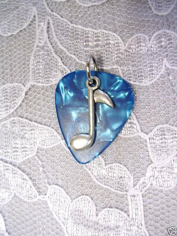 TURQUOISE BLUE COLOR GUITAR PICK & ALLOY MUSIC NOTE CHARM PENDANT NECKLACE