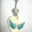 BLUE OPEN ANGEL WINGS PRINTED GUITAR PICK JEWELRY 14G CLEAR CZ BELLY RING
