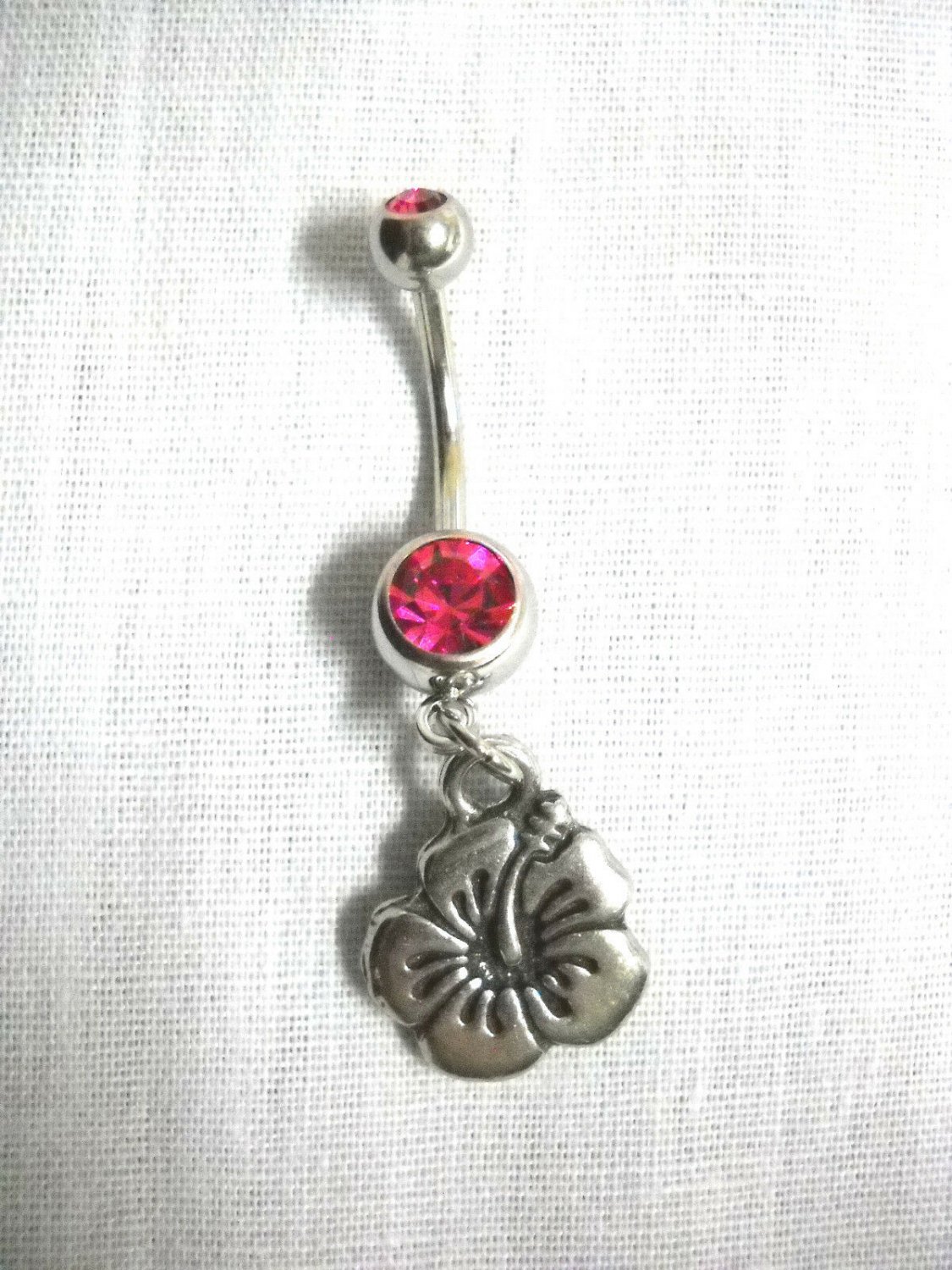 2 SIDED HIBISCUS FLOWER PEWTER CHARM 14g FUSCHIA PINK CZ BELLY BAR ...