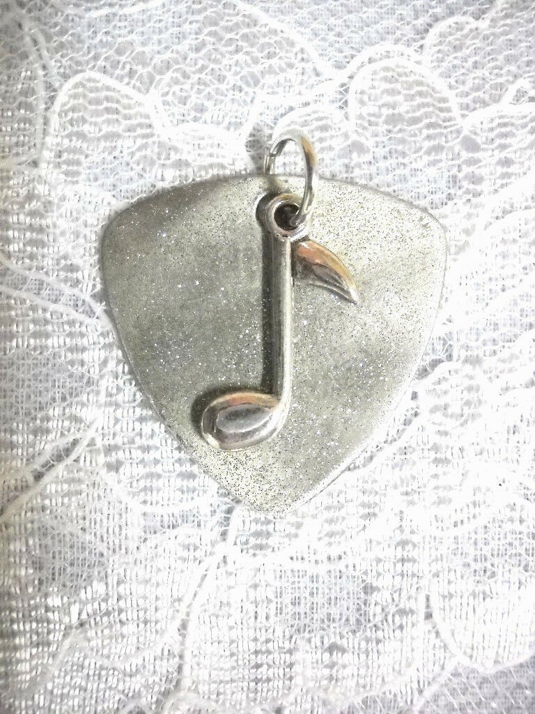 PEWTER BASS GUITAR PICK WITH GLITTER & SINGLE MUSIC NOTE CHARM PENDANT