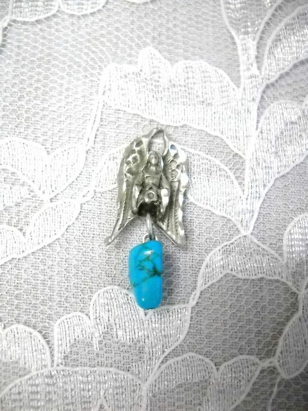 NEW HAND ENGRAVED GUARDIAN ANGEL w TURQUOISE GEM NUGGET PEWTER PENDANT NECKLACE