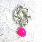 HAND ENGRAVED PONY - HORSE w BRIGHT HOT PINK TURQUOISE PEWTER PENDANT NECKLACE