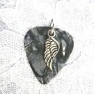 DARK GRAY CELLULOID GUITAR PICK w CELTIC ANGEL WING CHARM PENDANT ADJ NECKLACE