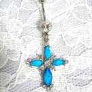 FACET TURQUOISE BLUE COLOR & RHINESTONE CROSS 14g CLEAR CZ BELLY RING BARBELL