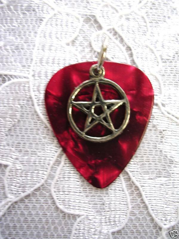 DEEP BLOOD RED CELLULOID GUITAR PICK w 5 POINT PENTACLE STAR PENDANT NECKLACE