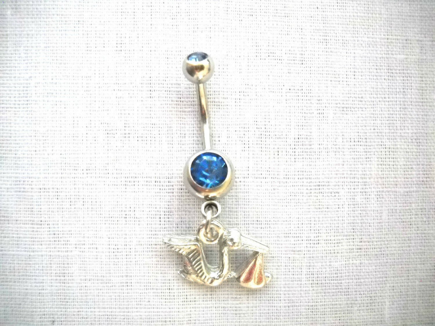 DELIVERY FLYING STORK w BABY IT'S A BOY CHARM ON 14g DBL BLUE CZ BELLY RING BAR