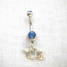 DELIVERY FLYING STORK w BABY IT'S A BOY CHARM ON 14g DBL BLUE CZ BELLY RING BAR