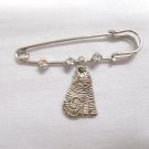 2" PIN BROOCH w 3 CRYSTALS & FAT KITTY CAT STRIPED TABBY CHARM ALLOY DROP DANGLE