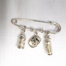 2" SAFETY PIN w 3 CRYSTALS BROOCH & FIRE HYDRANT - HELMET - EXTINGUISHER CHARMS