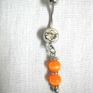HAND MADE ORANGE CATS EYE BEADS FANCY CHARM on DAZZLING CLEAR CZ BELLY RING